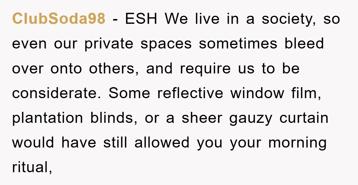 ClubSoda98 − ESH We live in a society, so even our private spaces sometimes bleed over onto others, and require us to be considerate. Some reflective window film, plantation blinds,...