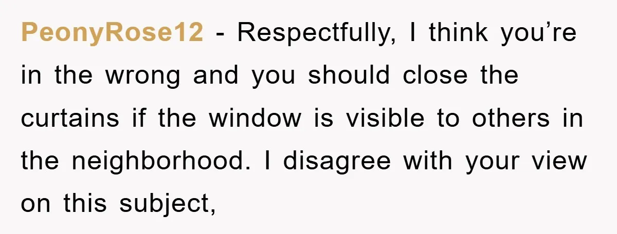 PeonyRose12 − Respectfully, I think you’re in the wrong and you should close the curtains if the window is visible to others in the neighborhood. I disagree with your view...