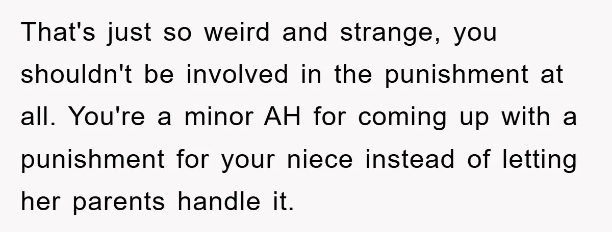 That's just so weird and strange, you shouldn't be involved in the punishment at all. You're a minor AH for coming up with a punishment for your niece instead of...