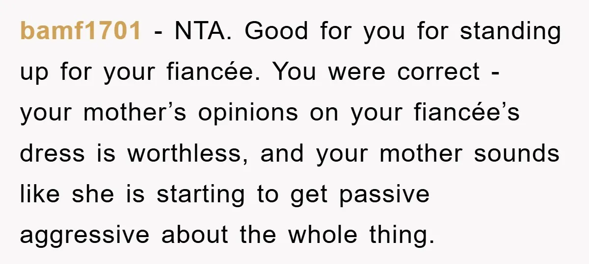bamf1701 − NTA. Good for you for standing up for your fiancée. You were correct - your mother’s opinions on your fiancée’s dress is worthless, and your mother sounds like...