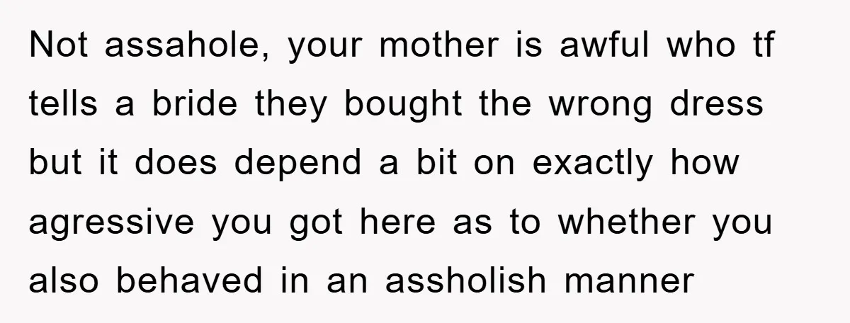 Not assahole, your mother is awful who tf tells a bride they bought the wrong dress but it does depend a bit on exactly how agressive you got here as...
