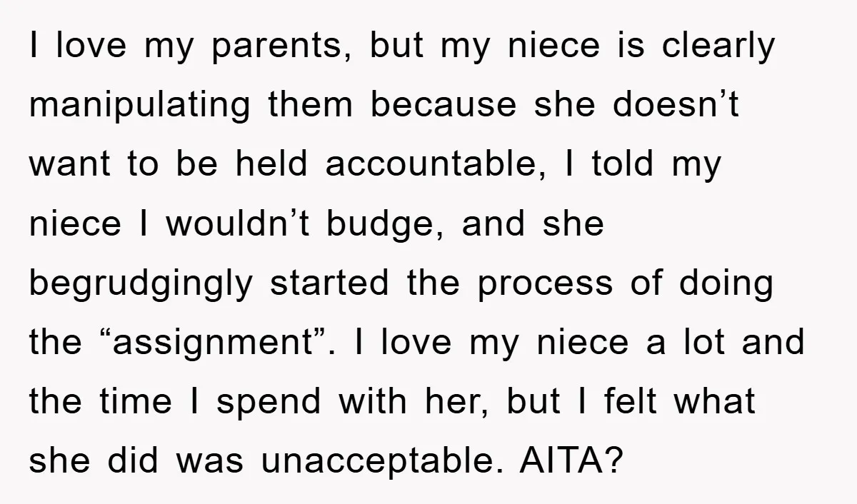 I love my parents, but my niece is clearly manipulating them because she doesn’t want to be held accountable, I told my niece I wouldn’t budge, and she begrudgingly started...