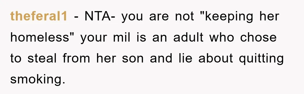theferal1 − NTA- you are not "keeping her homeless" your mil is an adult who chose to steal from her son and lie about quitting smoking.