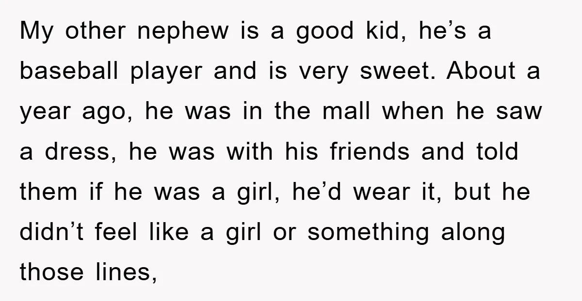 My other nephew is a good kid, he’s a baseball player and is very sweet. About a year ago, he was in the mall when he saw a dress, he...