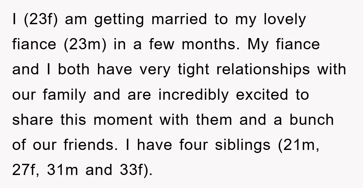 I (23f) am getting married to my lovely fiance (23m) in a few months. My fiance and I both have very tight relationships with our family and are incredibly excited...