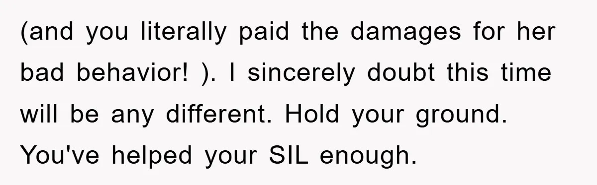(and you literally paid the damages for her bad behavior! ). I sincerely doubt this time will be any different. Hold your ground. You've helped your SIL enough.
