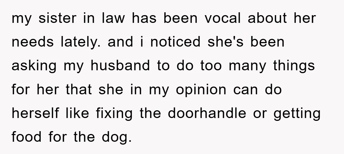 my sister in law has been vocal about her needs lately. and i noticed she's been asking my husband to do too many things for her that she in my...