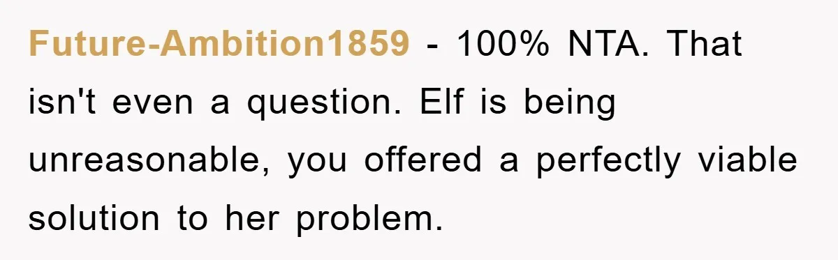 Future-Ambition1859 − 100% NTA. That isn't even a question. Elf is being unreasonable, you offered a perfectly viable solution to her problem.