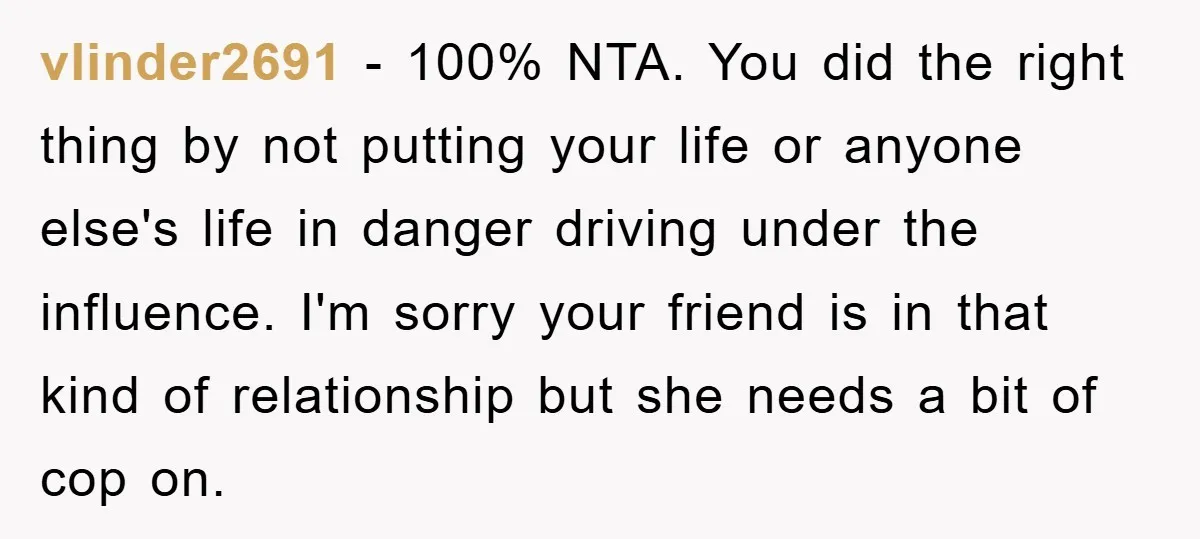 vlinder2691 − 100% NTA. You did the right thing by not putting your life or anyone else's life in danger driving under the influence. I'm sorry your friend is in...