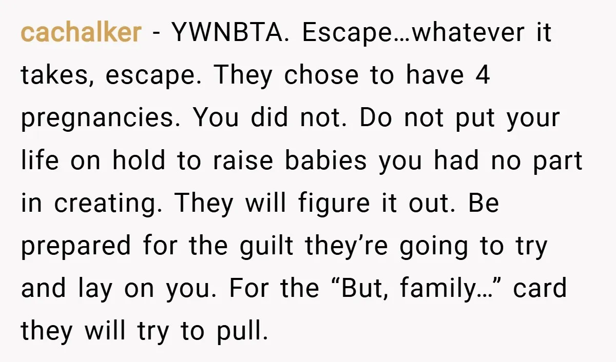 cachalker − YWNBTA. Escape…whatever it takes, escape. They chose to have 4 pregnancies. You did not. Do not put your life on hold to raise babies you had no part...