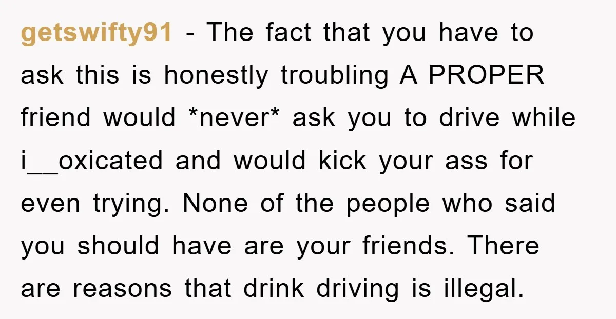 getswifty91 − The fact that you have to ask this is honestly troubling A PROPER friend would *never* ask you to drive while i__oxicated and would kick your ass for...