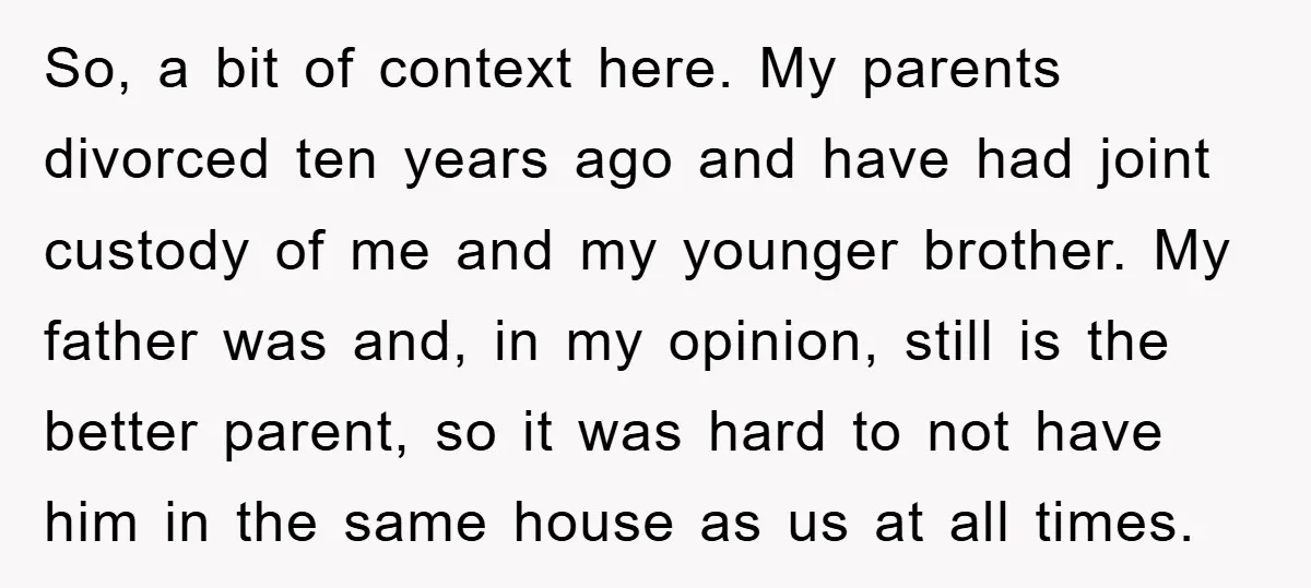 So, a bit of context here. My parents divorced ten years ago and have had joint custody of me and my younger brother. My father was and, in my opinion,...