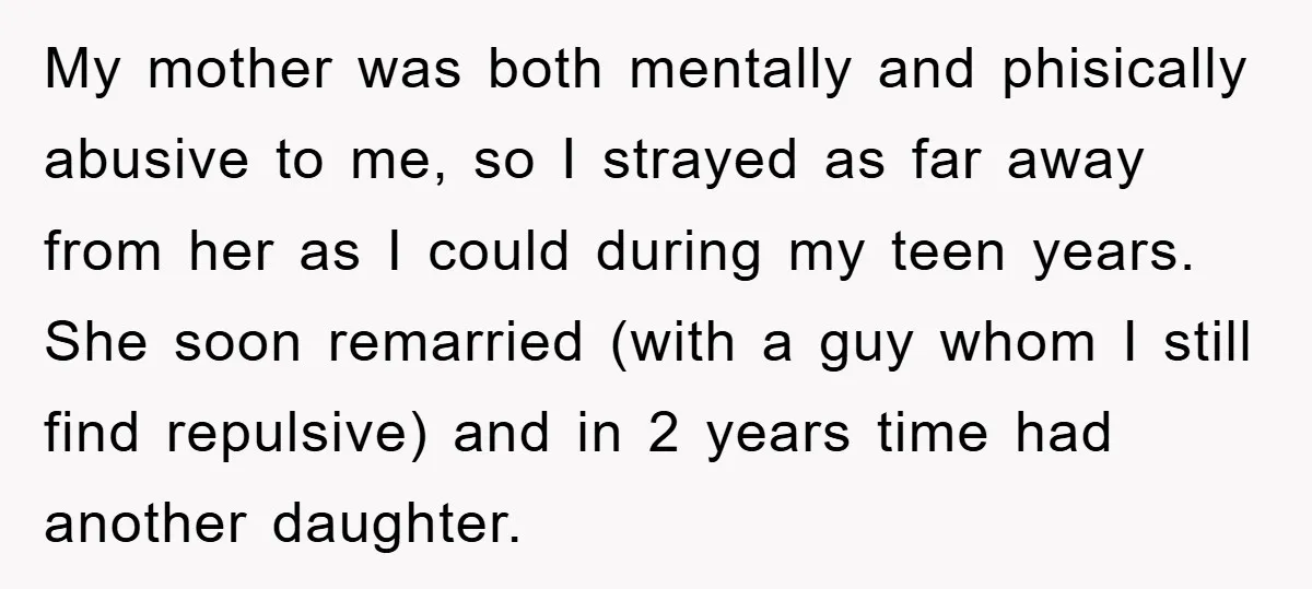 My mother was both mentally and phisically abusive to me, so I strayed as far away from her as I could during my teen years. She soon remarried (with a...