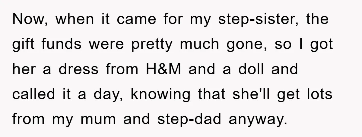 Now, when it came for my step-sister, the gift funds were pretty much gone, so I got her a dress from H&M and a doll and called it a day,...