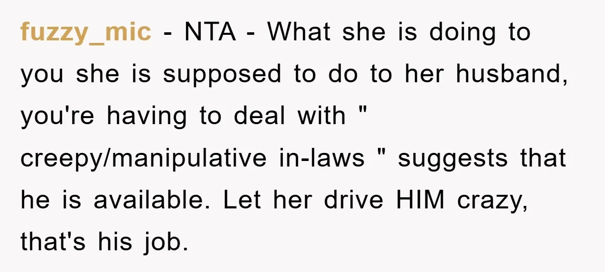 fuzzy_mic − NTA - What she is doing to you she is supposed to do to her husband, you're having to deal with " creepy/manipulative in-laws " suggests that he...