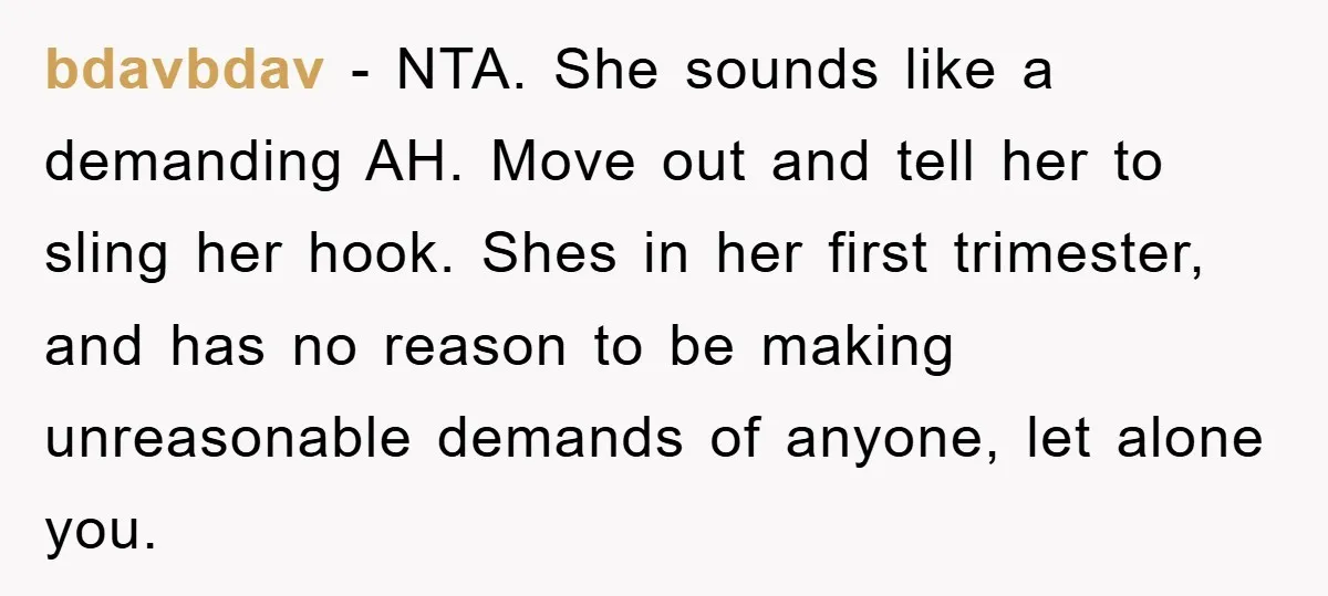 bdavbdav − NTA. She sounds like a demanding AH. Move out and tell her to sling her hook. Shes in her first trimester, and has no reason to be making...
