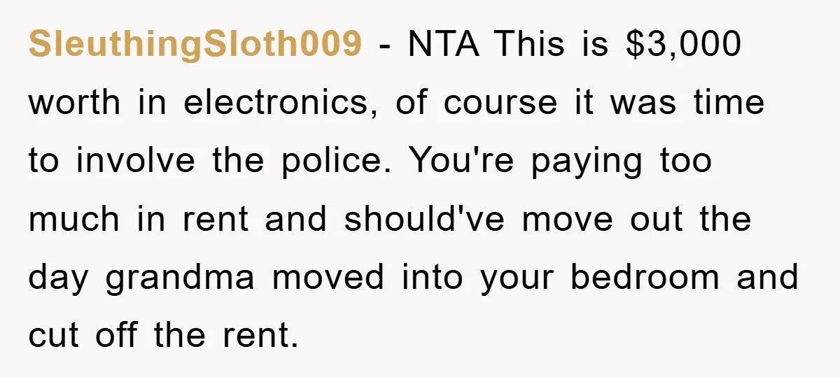 SleuthingSloth009 − NTA This is $3,000 worth in electronics, of course it was time to involve the police. You're paying too much in rent and should've move out the day...