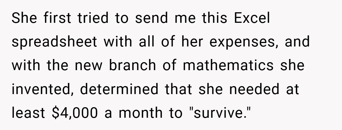 She first tried to send me this Excel spreadsheet with all of her expenses, and with the new branch of mathematics she invented, determined that she needed at least $4,000...