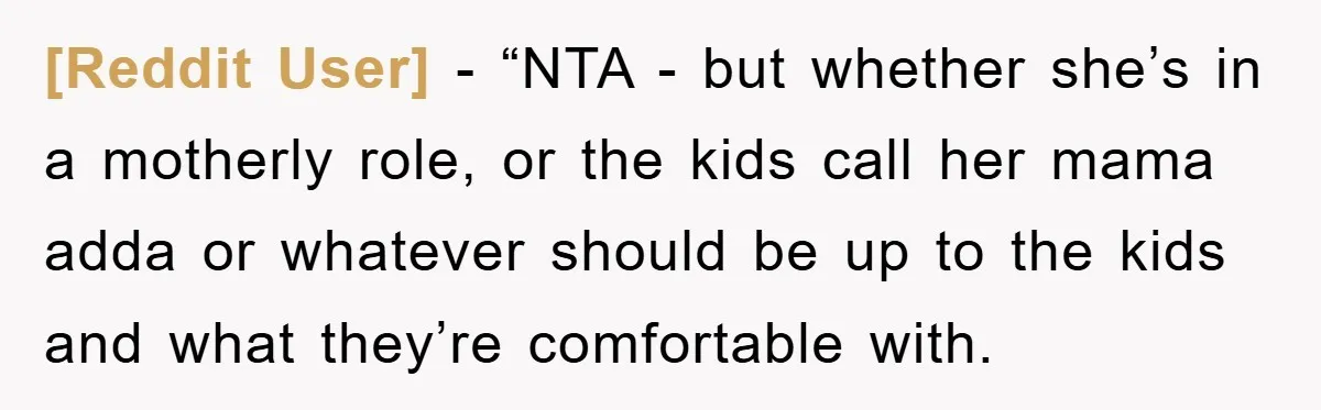 [Reddit User] − “NTA - but whether she’s in a motherly role, or the kids call her mama adda or whatever should be up to the kids and what they’re...