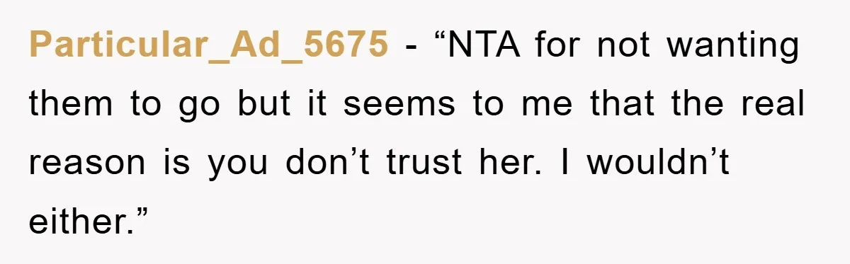 Particular_Ad_5675 − “NTA for not wanting them to go but it seems to me that the real reason is you don’t trust her. I wouldn’t either.”