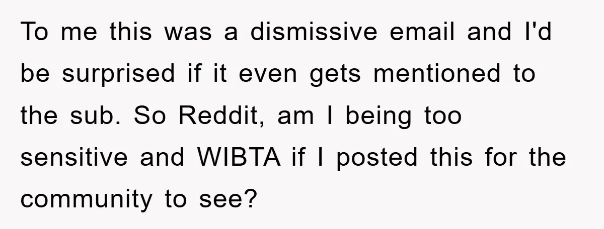 To me this was a dismissive email and I'd be surprised if it even gets mentioned to the sub. So Reddit, am I being too sensitive and WIBTA if I...