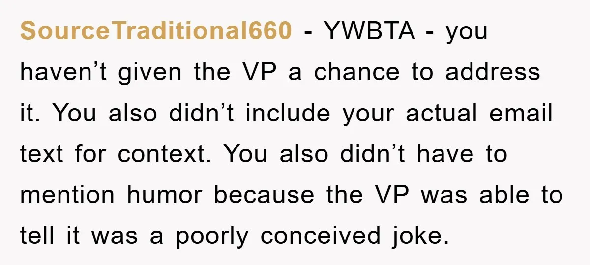 SourceTraditional660 − YWBTA - you haven’t given the VP a chance to address it. You also didn’t include your actual email text for context. You also didn’t have to mention...