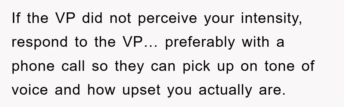 If the VP did not perceive your intensity, respond to the VP… preferably with a phone call so they can pick up on tone of voice and how upset you...