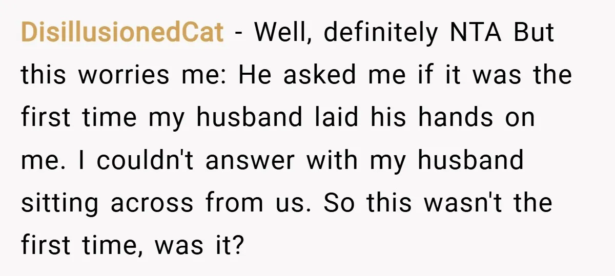 DisillusionedCat − Well, definitely NTA But this worries me: He asked me if it was the first time my husband laid his hands on me. I couldn't answer with my...