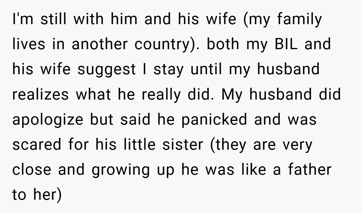 I'm still with him and his wife (my family lives in another country). both my BIL and his wife suggest I stay until my husband realizes what he really did....