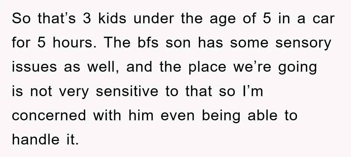 So that’s 3 kids under the age of 5 in a car for 5 hours. The bfs son has some sensory issues as well, and the place we’re going is...