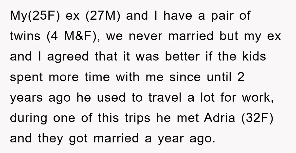 My(25F) ex (27M) and I have a pair of twins (4 M&F), we never married but my ex and I agreed that it was better if the kids spent more...