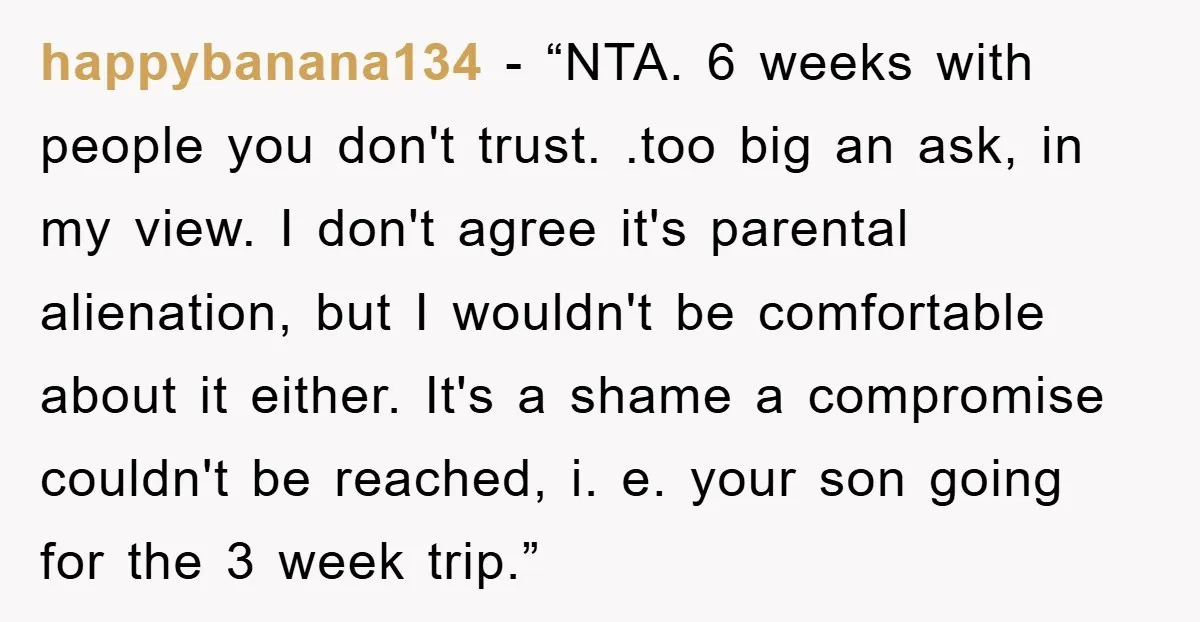 happybanana134 − “NTA. 6 weeks with people you don't trust. .too big an ask, in my view. I don't agree it's parental alienation, but I wouldn't be comfortable about it...