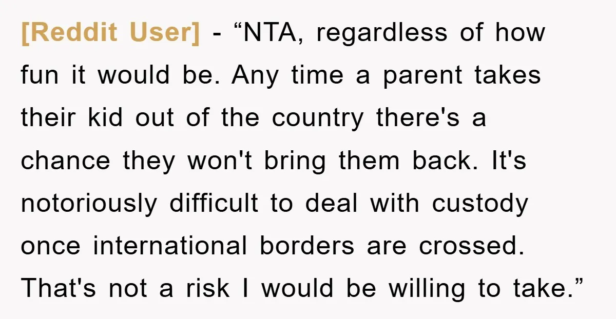 [Reddit User] − “NTA, regardless of how fun it would be. Any time a parent takes their kid out of the country there's a chance they won't bring them back....