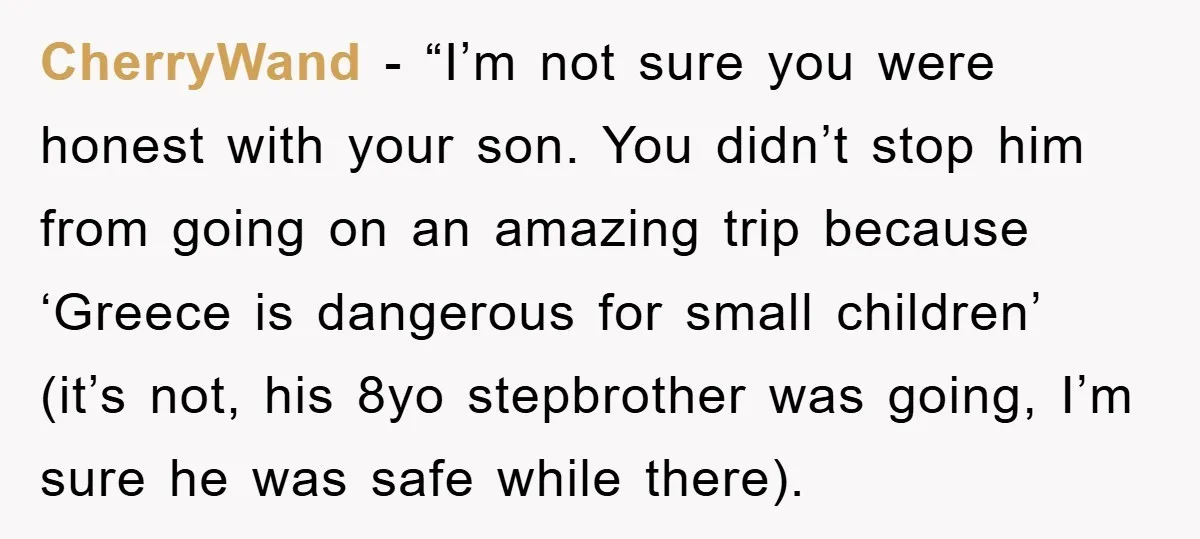 CherryWand − “I’m not sure you were honest with your son. You didn’t stop him from going on an amazing trip because ‘Greece is dangerous for small children’ (it’s not,...