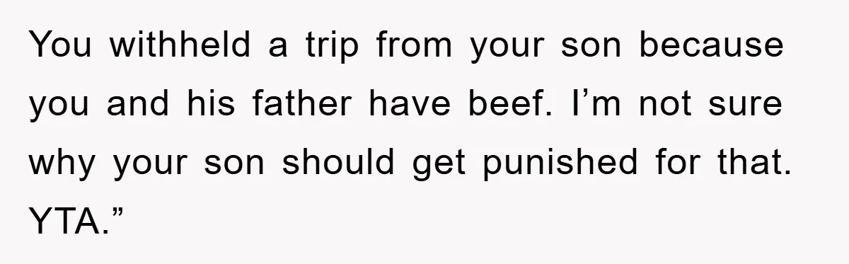 You withheld a trip from your son because you and his father have beef. I’m not sure why your son should get punished for that. YTA.”