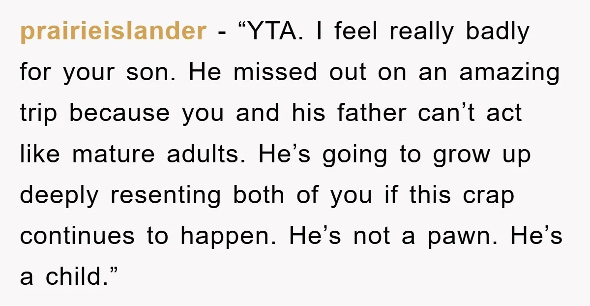 prairieislander − “YTA. I feel really badly for your son. He missed out on an amazing trip because you and his father can’t act like mature adults. He’s going to...