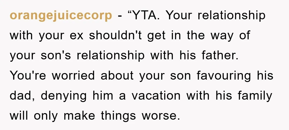 orangejuicecorp − “YTA. Your relationship with your ex shouldn't get in the way of your son's relationship with his father. You're worried about your son favouring his dad, denying him...