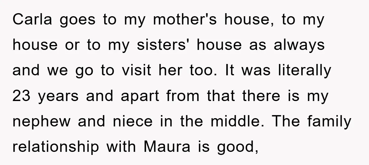 Carla goes to my mother's house, to my house or to my sisters' house as always and we go to visit her too. It was literally 23 years and apart...