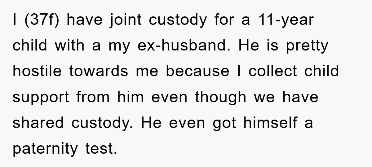 I (37f) have joint custody for a 11-year child with a my ex-husband. He is pretty hostile towards me because I collect child support from him even though we have...