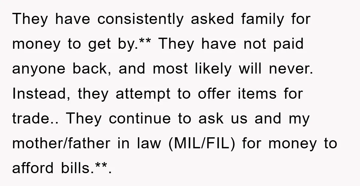 They have consistently asked family for money to get by.** They have not paid anyone back, and most likely will never. Instead, they attempt to offer items for trade.. They...