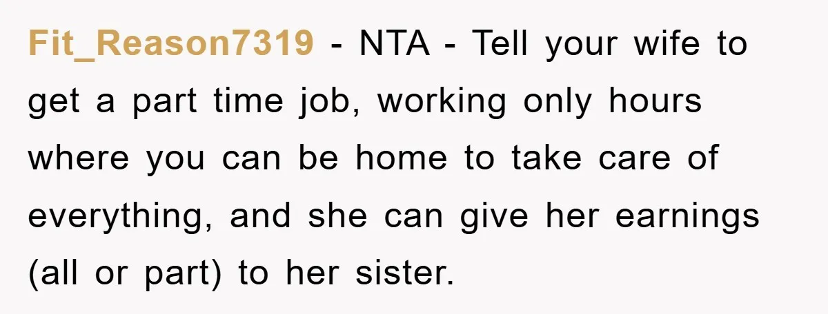 Fit_Reason7319 − NTA - Tell your wife to get a part time job, working only hours where you can be home to take care of everything, and she can give...