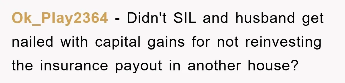 Ok_Play2364 − Didn't SIL and husband get nailed with capital gains for not reinvesting the insurance payout in another house?