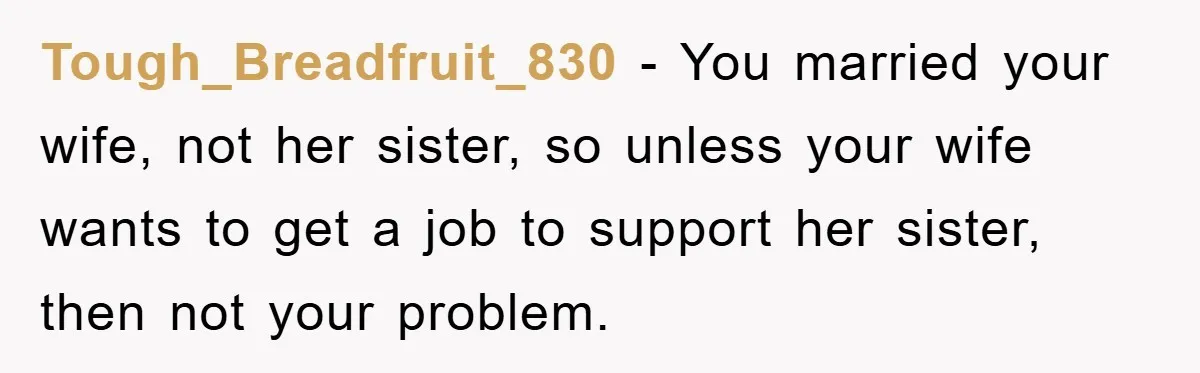 Tough_Breadfruit_830 − You married your wife, not her sister, so unless your wife wants to get a job to support her sister, then not your problem.