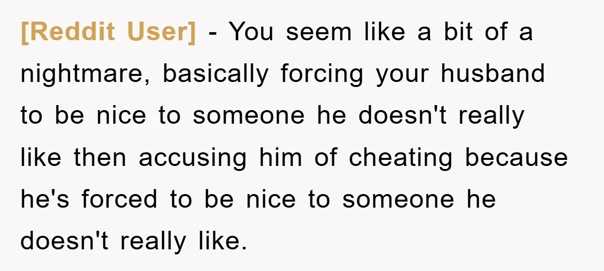 [Reddit User] − You seem like a bit of a nightmare, basically forcing your husband to be nice to someone he doesn't really like then accusing him of cheating because...