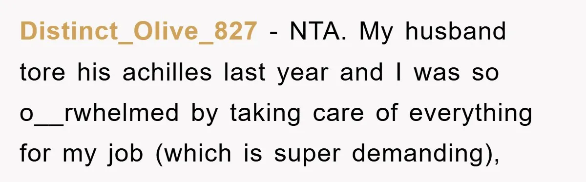 Distinct_Olive_827 − NTA. My husband tore his achilles last year and I was so o__rwhelmed by taking care of everything for my job (which is super demanding),