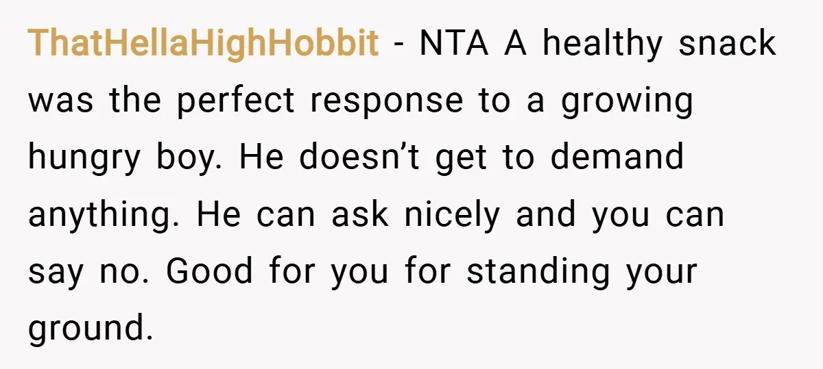 ThatHellaHighHobbit − NTA A healthy snack was the perfect response to a growing hungry boy. He doesn’t get to demand anything. He can ask nicely and you can say no....
