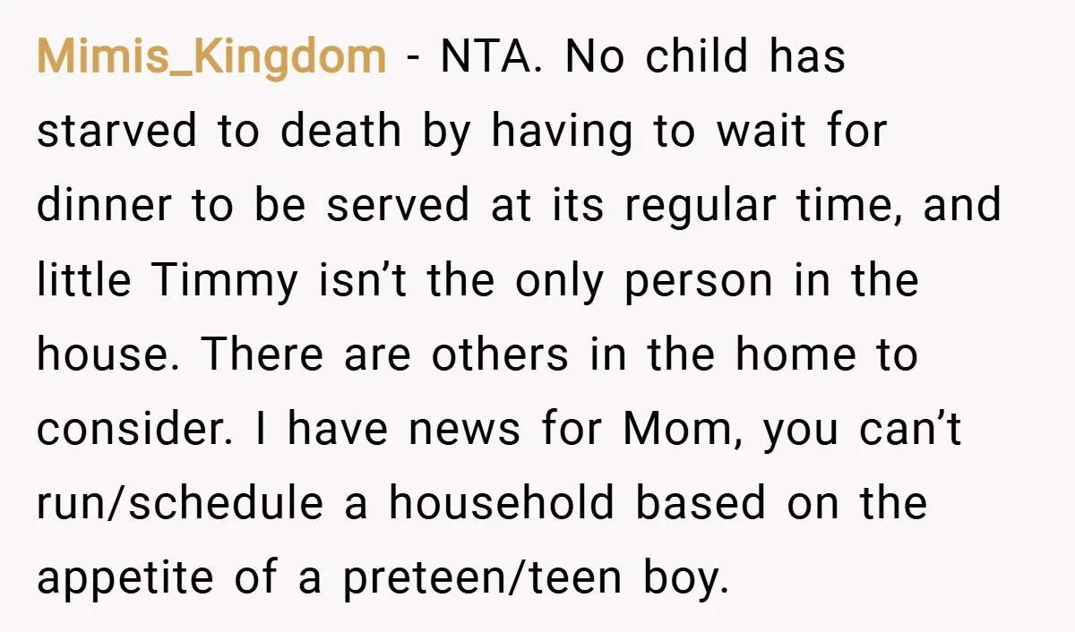 Mimis_Kingdom − NTA. No child has starved to death by having to wait for dinner to be served at its regular time, and little Timmy isn’t the only person in...