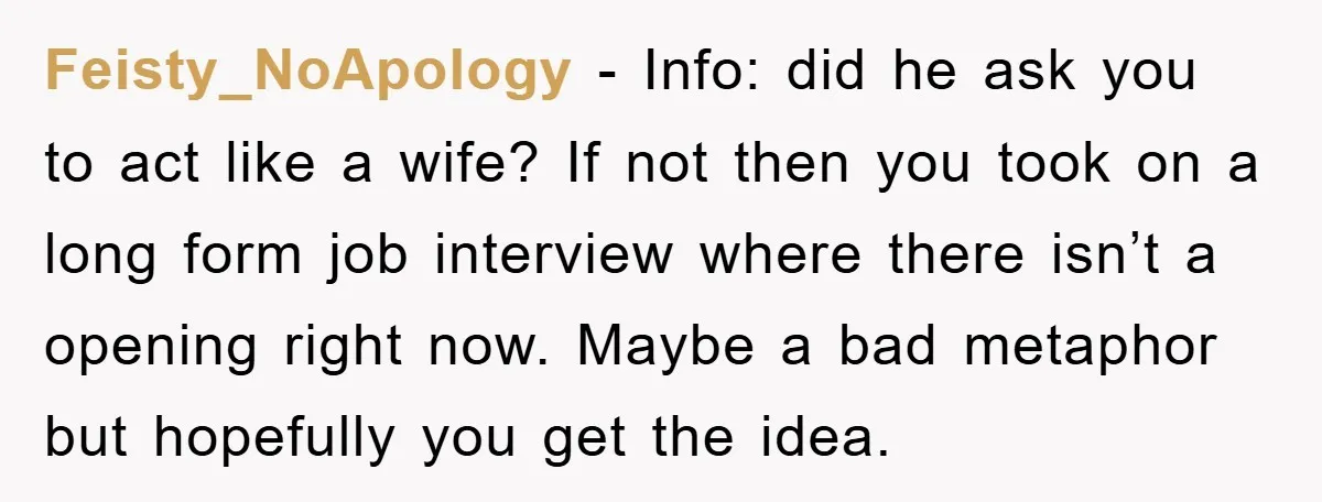 Feisty_NoApology − Info: did he ask you to act like a wife? If not then you took on a long form job interview where there isn’t a opening right now....