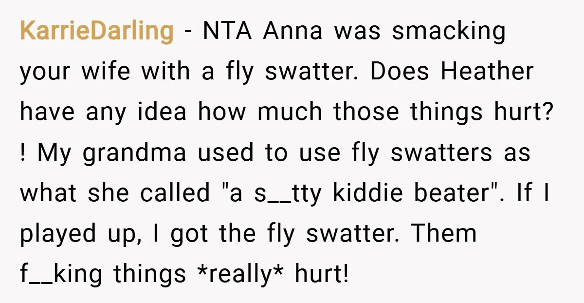 KarrieDarling − NTA Anna was smacking your wife with a fly swatter. Does Heather have any idea how much those things hurt? ! My grandma used to use fly swatters...