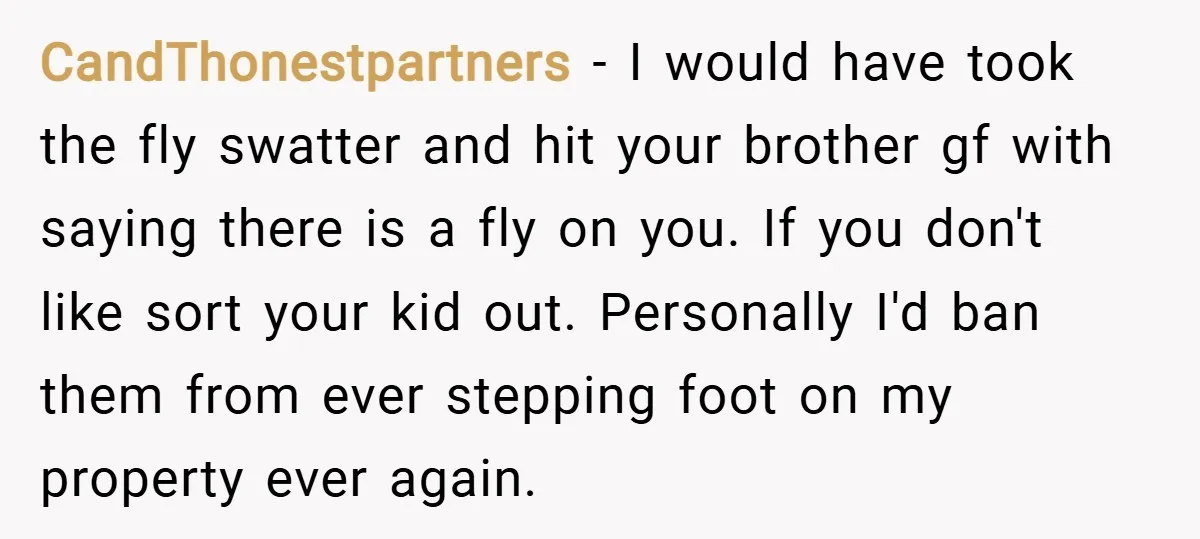 CandThonestpartners − I would have took the fly swatter and hit your brother gf with saying there is a fly on you. If you don't like sort your kid out....